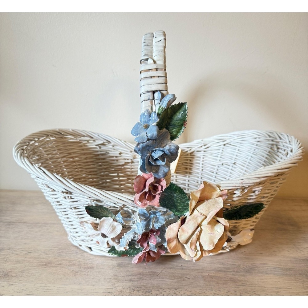 Decorative Wicker Basket White Handle Floral Shabby Granny Vintage Coquette